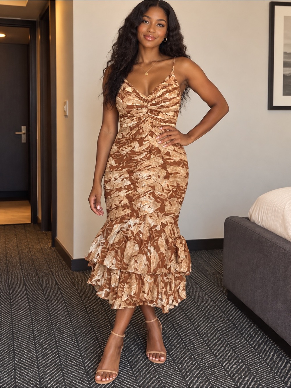 Carmen Marc Valvo Brown and Cream Leaf-Print Tiered Midi Dress